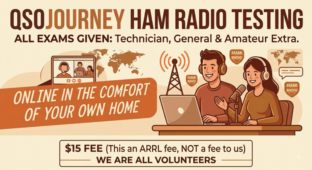 QSO Journey online ham radio testing flyer: Technician, General, and Amateur Extra exams available online, $15 ARRL fee, run by volunteers