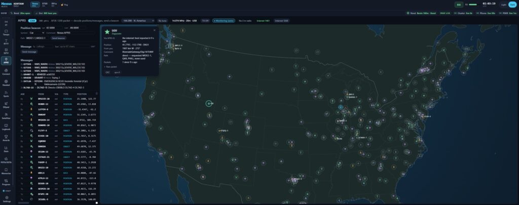 Nexus APRS map showing live station positions and a station detail card