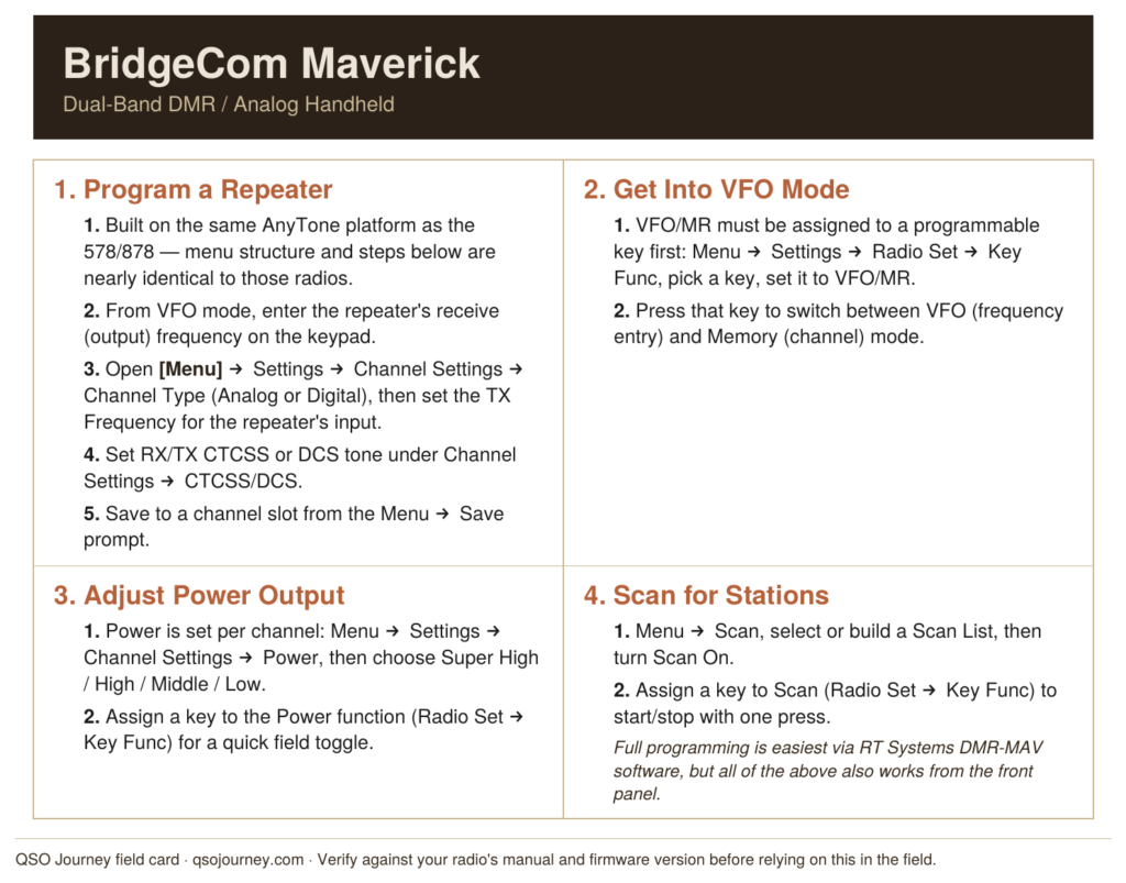 BridgeCom Maverick field card: repeater programming, VFO mode, power output, and scan steps