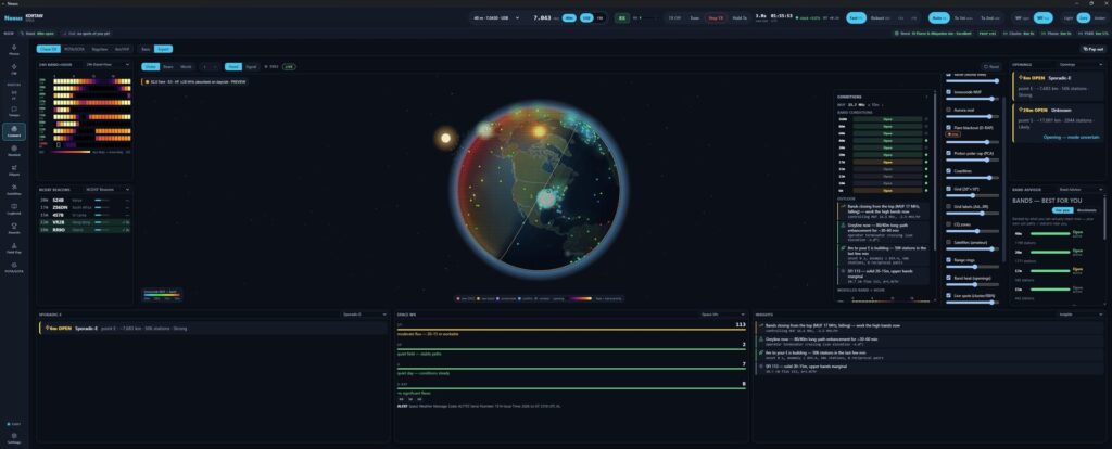 Nexus propagation globe showing greyline, band conditions, and modeled openings