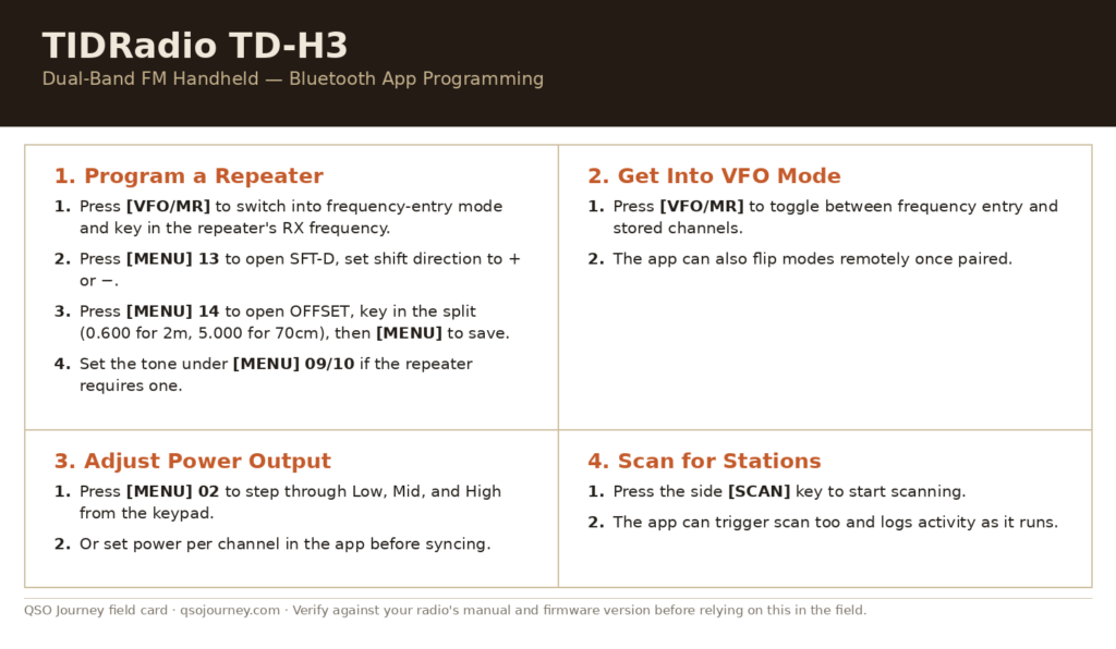 TIDRadio TD-H3 field card: repeater programming, VFO mode, power output, and scan steps