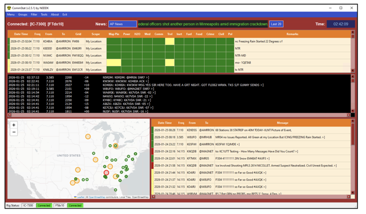 CommStat screen for JS8Call showing station status reports by grid, live traffic, a map of reporting stations, and group messages