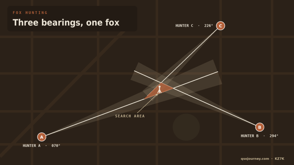 Top-down street map with three hunters taking bearings that cross in a small search area around the hidden fox transmitter
