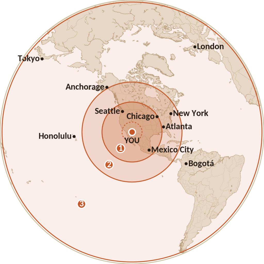 World map centered on Maricopa, Arizona, with polling rings at 1,500 and 2,500 miles and other continents beyond, marking neighboring states, across the country, and overseas